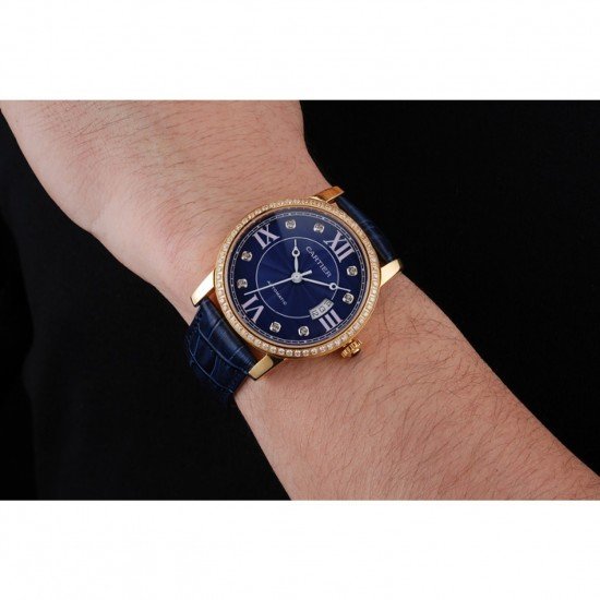 Swiss Cartier Ronde Solo Blue Dial Gold Diamond Case Blue Leather Strap