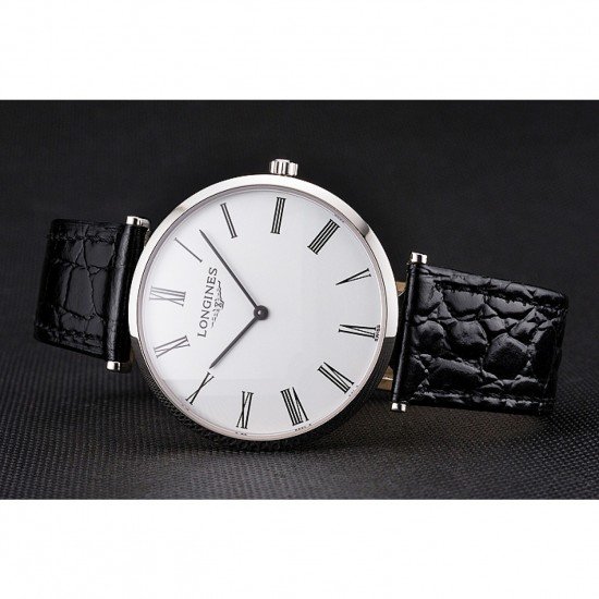 Swiss Longines Grande Classique White Dial Roman Numerals Stainless Steel Case Black Leather Strap