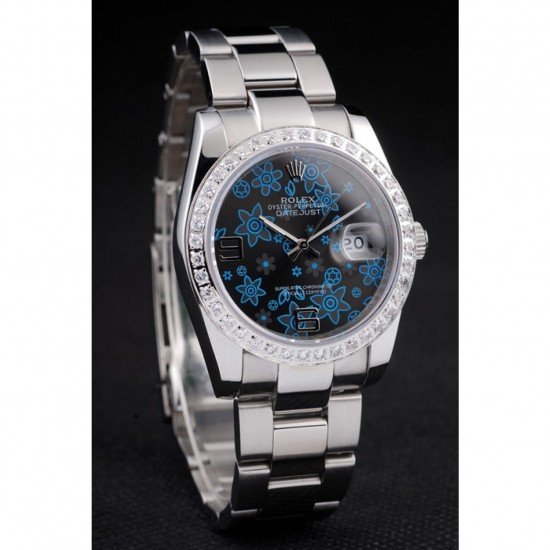 Rolex Datejust Polished Stainless Steel Dark Blue Flowers Dial Diamond Plated