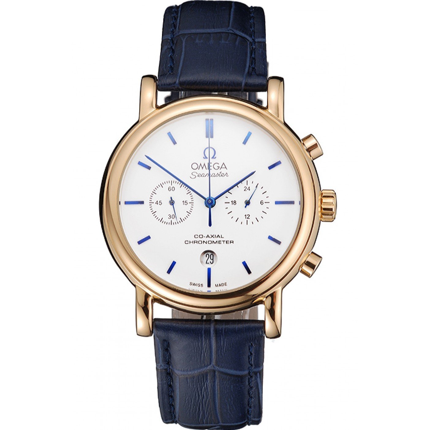 Omega Seamaster Vintage Chronograph White Dial Blue Hour Marks Gold Case Blue Leather Strap