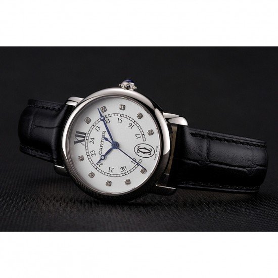 Cartier Ronde White Dial Diamond Hour Marks Stainless Steel Case Black Leather Strap