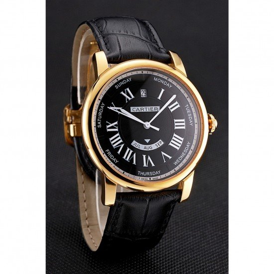 Swiss Cartier Rotonde Annual Calendar Black Dial Gold Case Black Leather Strap