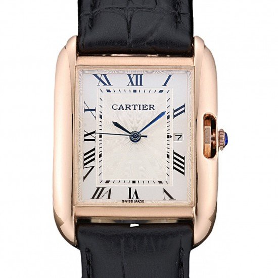 Cartier Tank Anglaise 30mm White Dial Gold Case Black Leather Bracelet