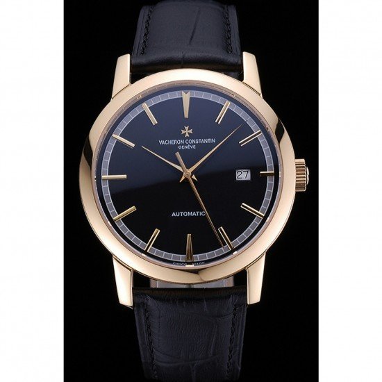 Swiss Vacheron Constantin Patrimony Traditionnelle Gold Case Black Leather Bracelet 622558