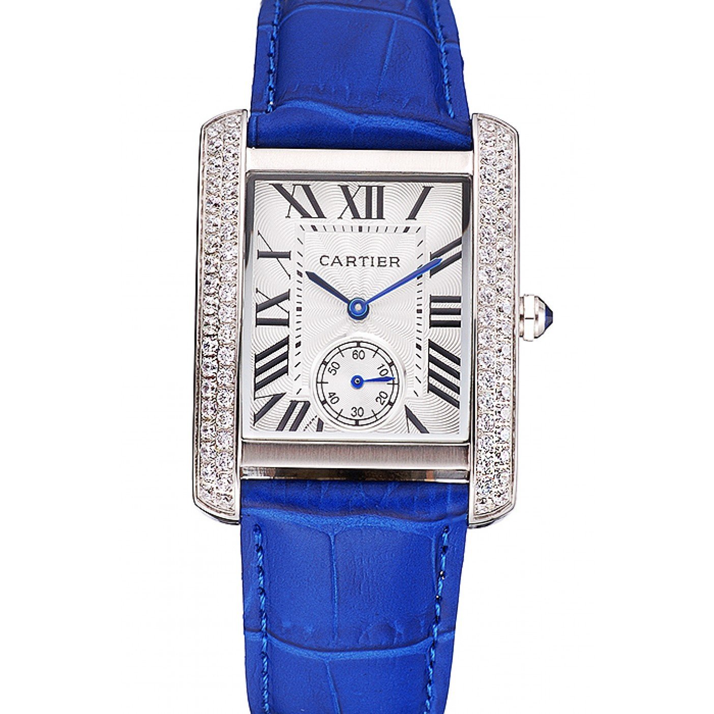 Cartier Tank MC Stainless Steel Diamond Case White Dial Blue Leather Strap 622172