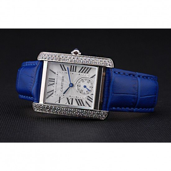 Cartier Tank MC Stainless Steel Diamond Case White Dial Blue Leather Strap 622172