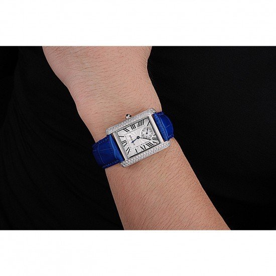 Cartier Tank MC Stainless Steel Diamond Case White Dial Blue Leather Strap 622172