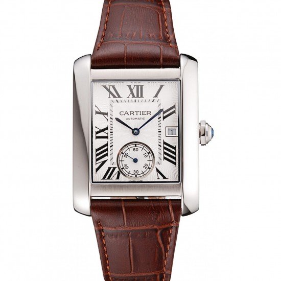 Swiss Cartier Tank MC White Dial Stainless Steel Case Brown Leather Strap