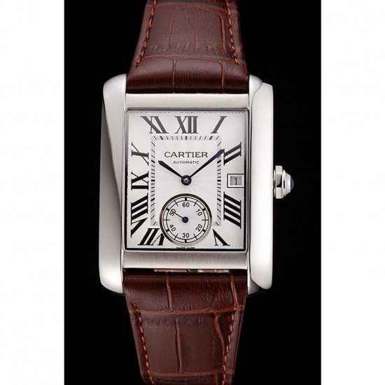 Swiss Cartier Tank MC White Dial Stainless Steel Case Brown Leather Strap