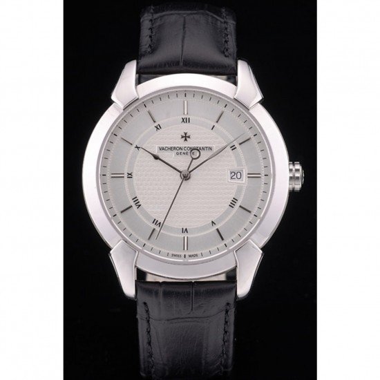 Swiss Vacheron Constantin Traditionnelle White Dial Roman Numerals Black Leather Bracelet