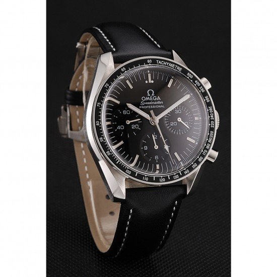Swiss Omega Speedmaster Professional Black Dial Black Leather Bracelet 1453936
