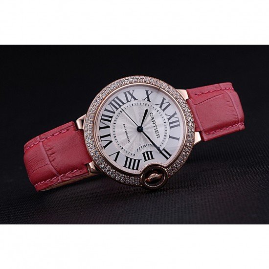 Swiss Cartier Ballon Bleu de Cartier White Dial Diamonds Case Pink Leather Bracelet 622553