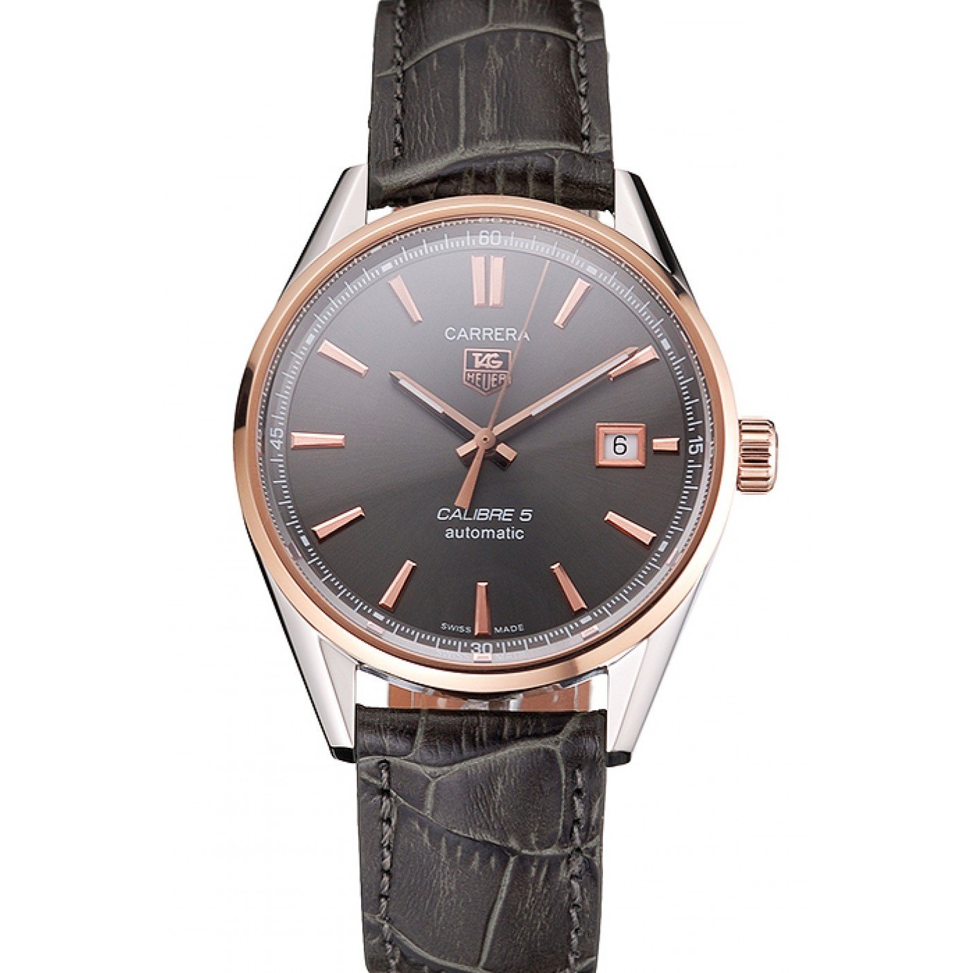 Swiss Tag Heuer Carrera Calibre 5 Gray Dial Rose Gold Case Black Leather Strap