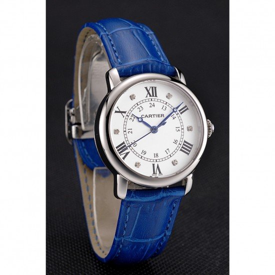 Cartier Ronde White Dial Diamond Hour Marks Stainless Steel Case Blue Leather Strap
