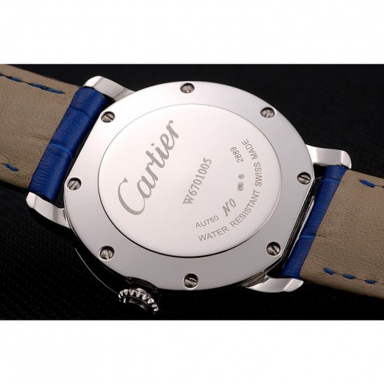Cartier Ronde White Dial Diamond Hour Marks Stainless Steel Case Blue Leather Strap