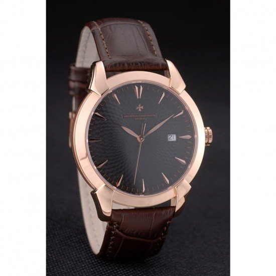 Swiss Vacheron Constantin Traditionnelle Black Dial Rose Gold Case Brown Leather Bracelet