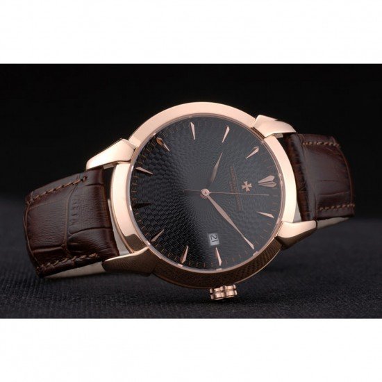 Swiss Vacheron Constantin Traditionnelle Black Dial Rose Gold Case Brown Leather Bracelet