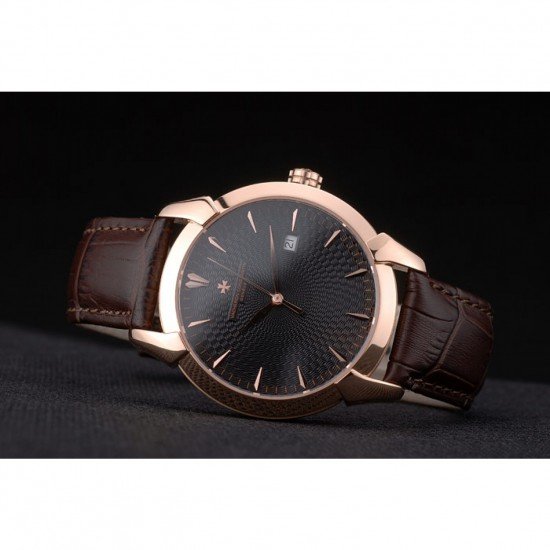 Swiss Vacheron Constantin Traditionnelle Black Dial Rose Gold Case Brown Leather Bracelet