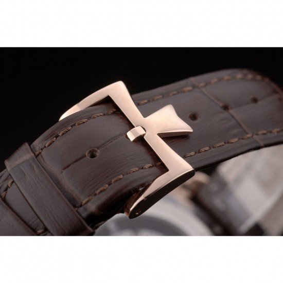 Swiss Vacheron Constantin Traditionnelle Black Dial Rose Gold Case Brown Leather Bracelet