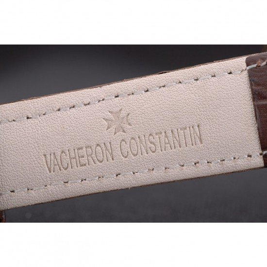 Swiss Vacheron Constantin Traditionnelle Black Dial Rose Gold Case Brown Leather Bracelet