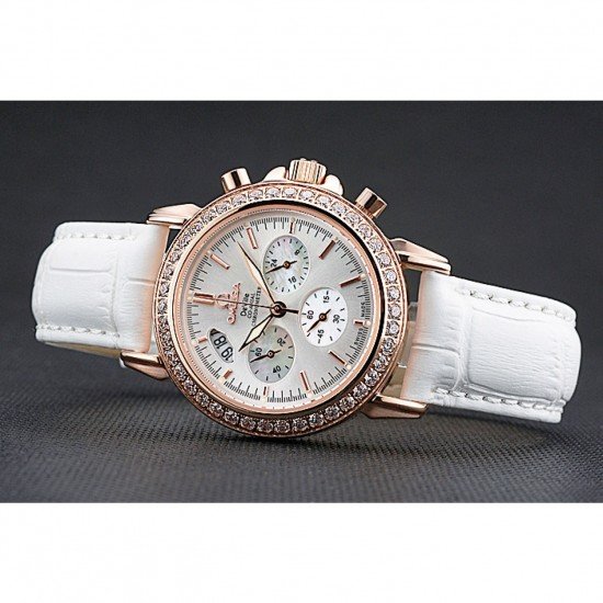 Omega Speedmaster Chronograph White Dial Gold Diamond Case White Leather Bracelet 622455