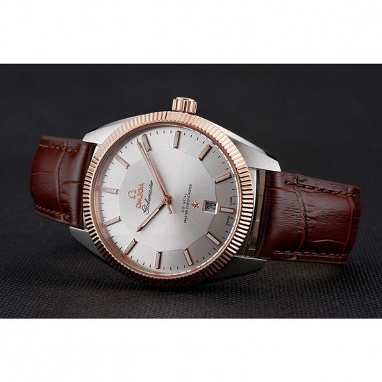 Omega Globemaster Silver Dial Rose Gold Bezel Stainless Steel Case Brown Leather Strap