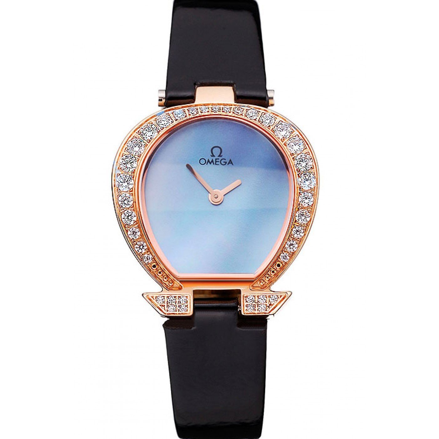 Omega Ladies Watch Blue Dial Gold Case With Diamonds Black Leather Strap 622830