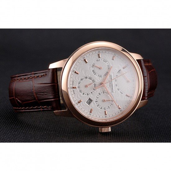 Swiss Vacheron Constantin Traditionnelle Power Reserve White Dial Rose Gold Case Brown Leather Strap