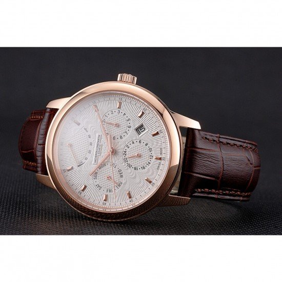 Swiss Vacheron Constantin Traditionnelle Power Reserve White Dial Rose Gold Case Brown Leather Strap