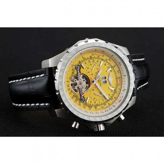 Breitling Bentley Mulliner Tourbillon Yellow Dial Stainless Steel Case Black Leather Strap 622730