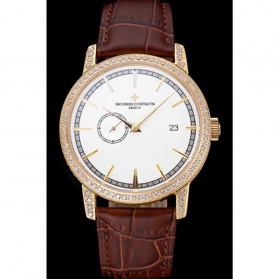 Swiss Vacheron Constantin Patrimony Contemporaine Gold Diamond Case White Dial Brown Leather Bracelet 622686