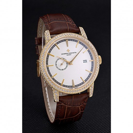 Swiss Vacheron Constantin Patrimony Contemporaine Gold Diamond Case White Dial Brown Leather Bracelet 622686