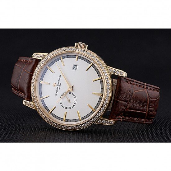 Swiss Vacheron Constantin Patrimony Contemporaine Gold Diamond Case White Dial Brown Leather Bracelet 622686