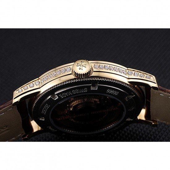 Swiss Vacheron Constantin Patrimony Contemporaine Gold Diamond Case White Dial Brown Leather Bracelet 622686