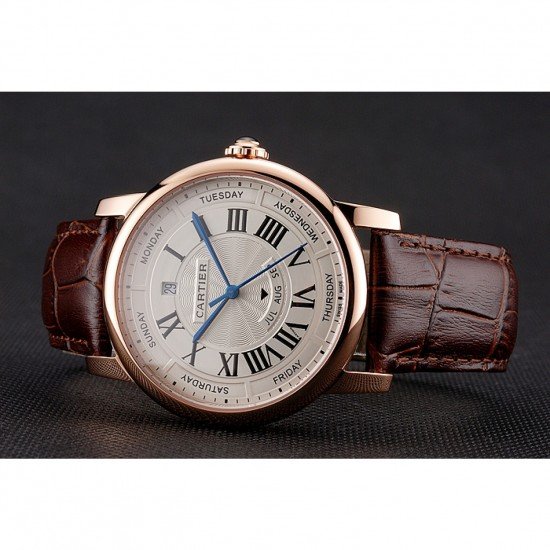 Swiss Cartier Rotonde Annual Calendar White Dial Rose Gold Case Brown Leather Strap