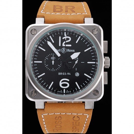Bell and Ross BR 03-94 Black Dial Silver Case Brown Leather Strap