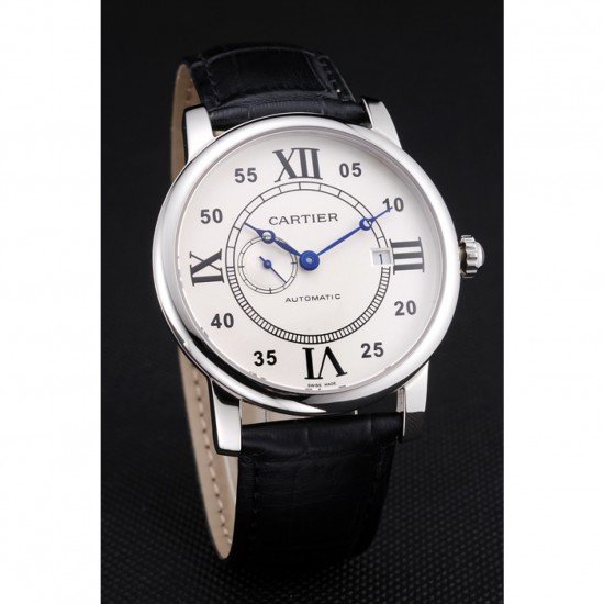 Swiss Cartier Rotonde Solo White Dial Silver Case Black Leather Strap