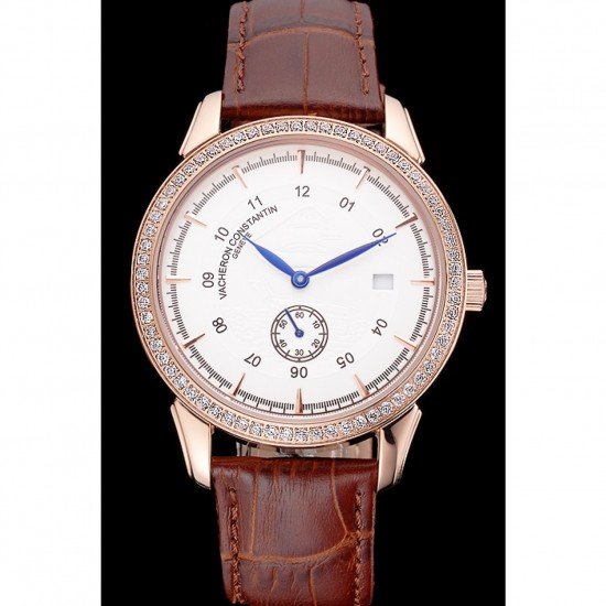 Vacheron Constantin Traditionnelle White Ship Dial Rose Gold Case With Diamonds Brown Leather Strap