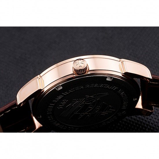 Vacheron Constantin Traditionnelle White Ship Dial Rose Gold Case With Diamonds Brown Leather Strap