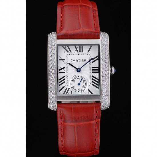 Cartier Tank MC Stainless Steel Diamond Case White Dial Red Leather Strap 622173