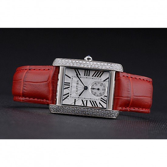 Cartier Tank MC Stainless Steel Diamond Case White Dial Red Leather Strap 622173