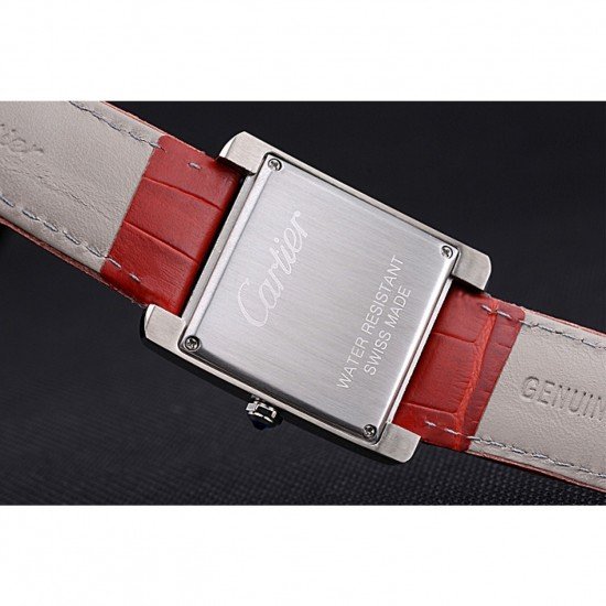 Cartier Tank MC Stainless Steel Diamond Case White Dial Red Leather Strap 622173