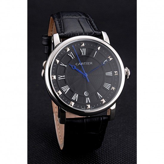 Cartier Rotonde Date Black Dial Stainless Steel Case Black Leather Strap