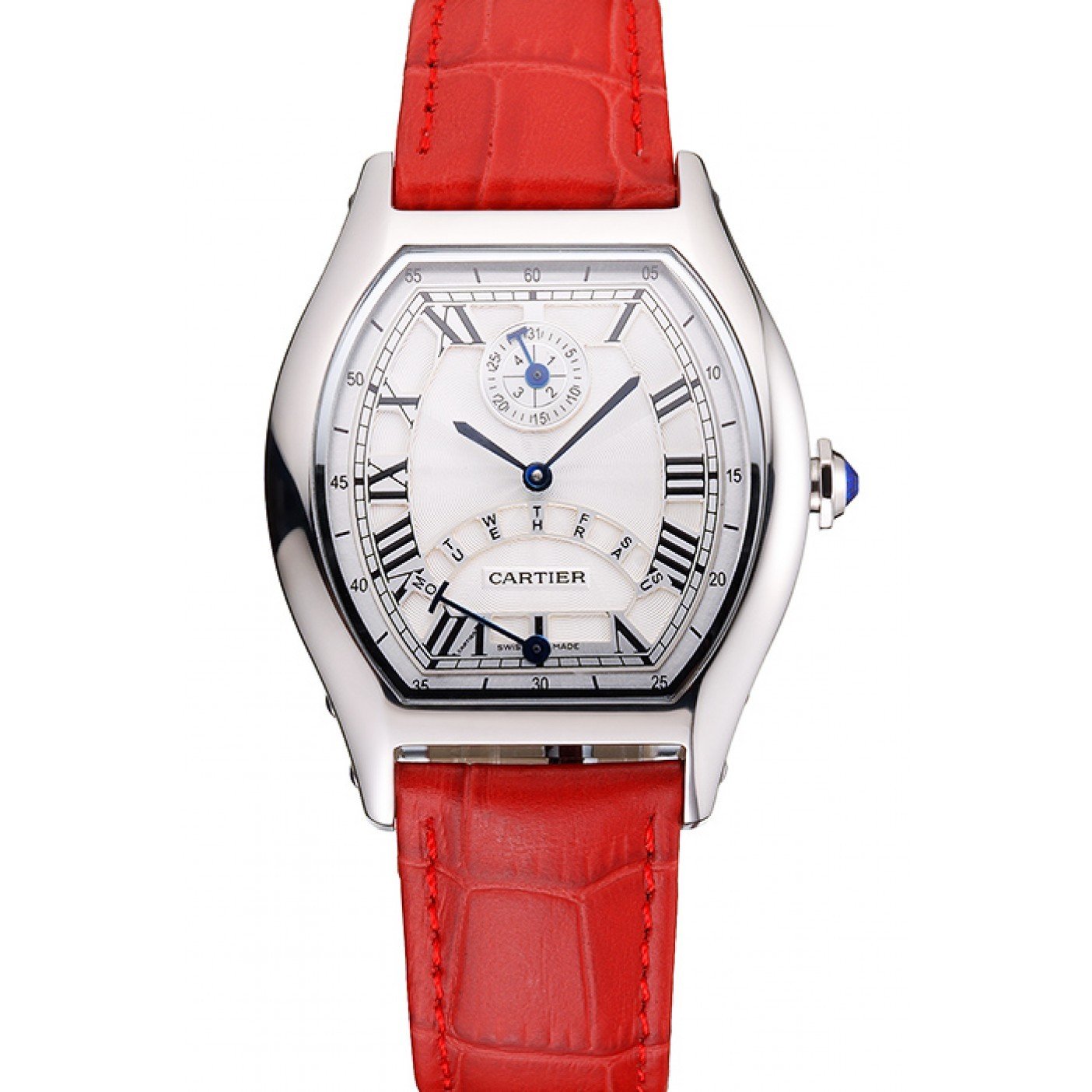 Cartier Tortue Perpetual Calendar White Dial Stainless Steel Case Red Leather Strap