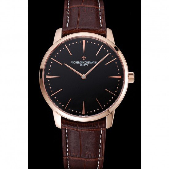 Swiss Vacheron Constantin Patrimony Grand Taille Black Dial Rose Gold Case Brown Leather Bracelet 1454169