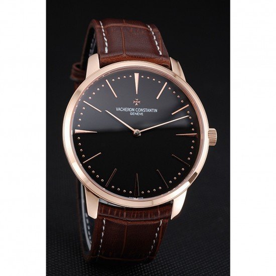 Swiss Vacheron Constantin Patrimony Grand Taille Black Dial Rose Gold Case Brown Leather Bracelet 1454169