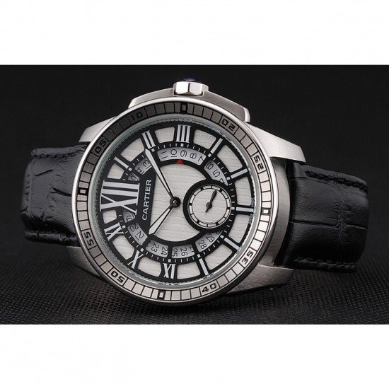Cartier Calibre De Cartier Small Seconds Black And White Dial Stainless Steel Case Black Leather Strap