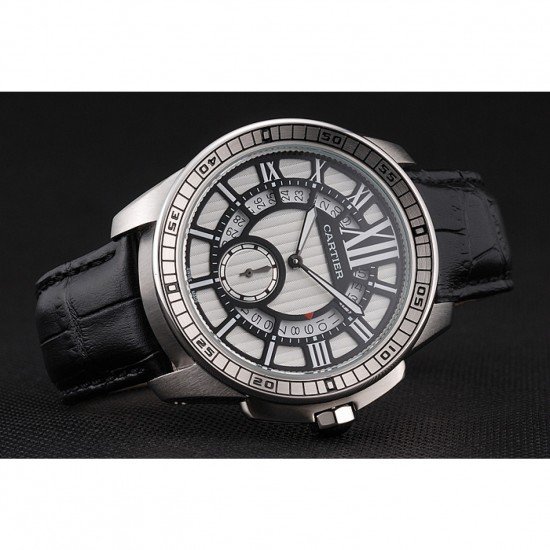 Cartier Calibre De Cartier Small Seconds Black And White Dial Stainless Steel Case Black Leather Strap