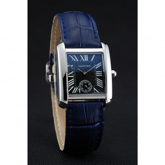 Cartier Tank MC Stainless Steel Case Blue Dial Blue Leather Strap 622178