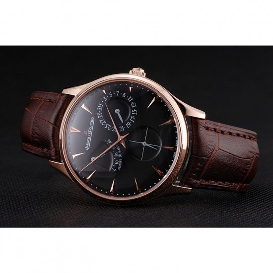 Swiss Jaeger LeCoultre Master Ultra Thin Reserve De Marche Black Dial Rose Gold Case Brown Leather Strap